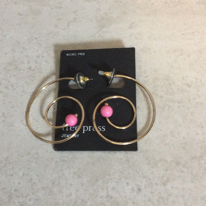 Nwt Free Press Gold Swirl Earrings With Pink Bead